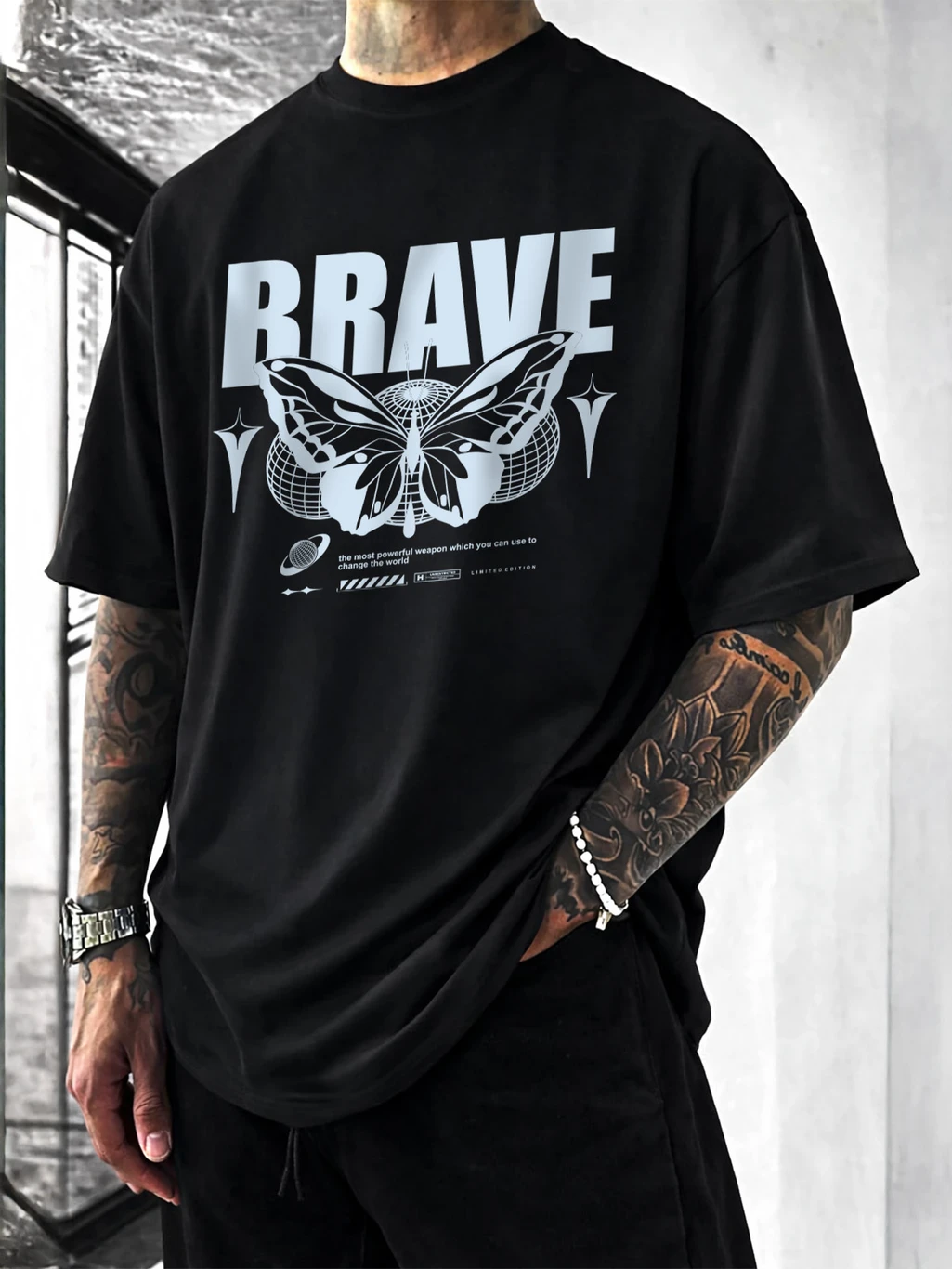 STYLENSE Oversized Men Printed Round Neck Cotton Blend Black T-Shirt
